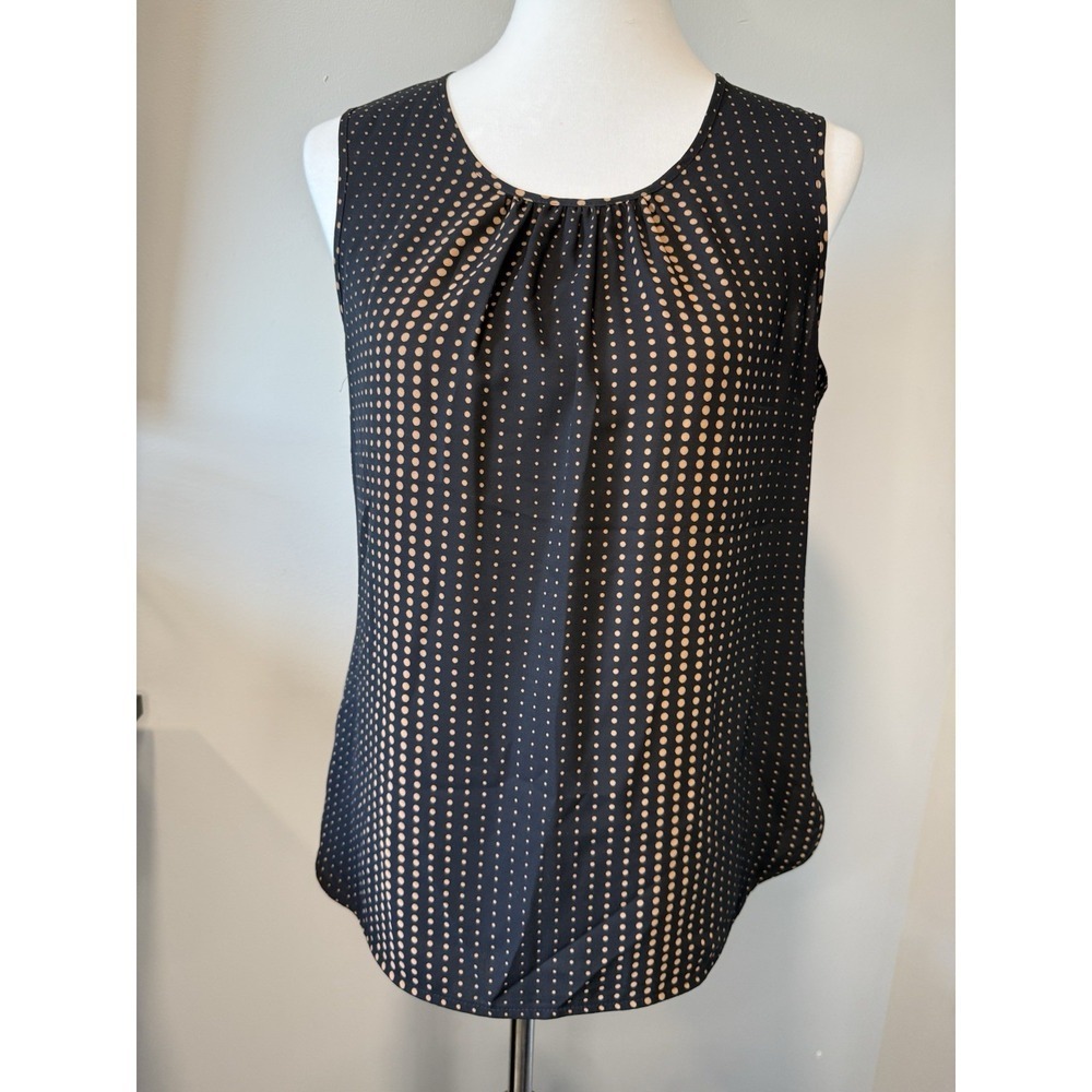 Anne Klein Blouse Women Small Black Tan Polka Dot Pleated Sleeveless Top